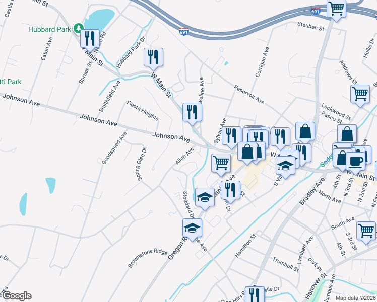 map of restaurants, bars, coffee shops, grocery stores, and more near 2 Allen Court in Meriden