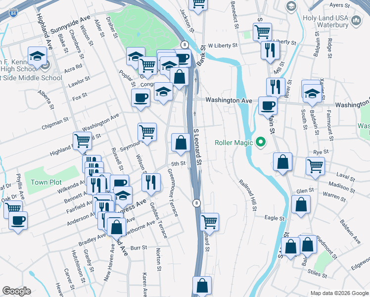map of restaurants, bars, coffee shops, grocery stores, and more near 28 3rd Street in Waterbury
