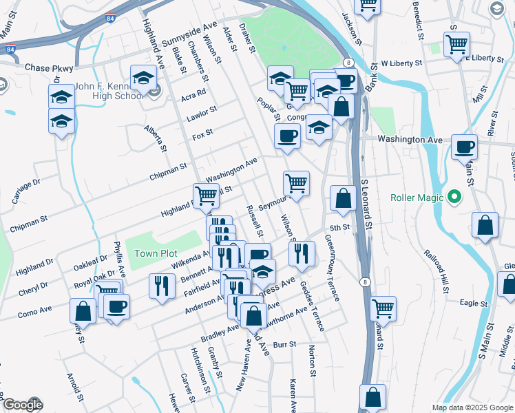 map of restaurants, bars, coffee shops, grocery stores, and more near 58 Russell Street in Waterbury