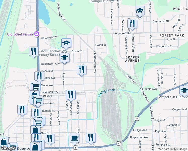 map of restaurants, bars, coffee shops, grocery stores, and more near 719 Meeker Avenue in Joliet