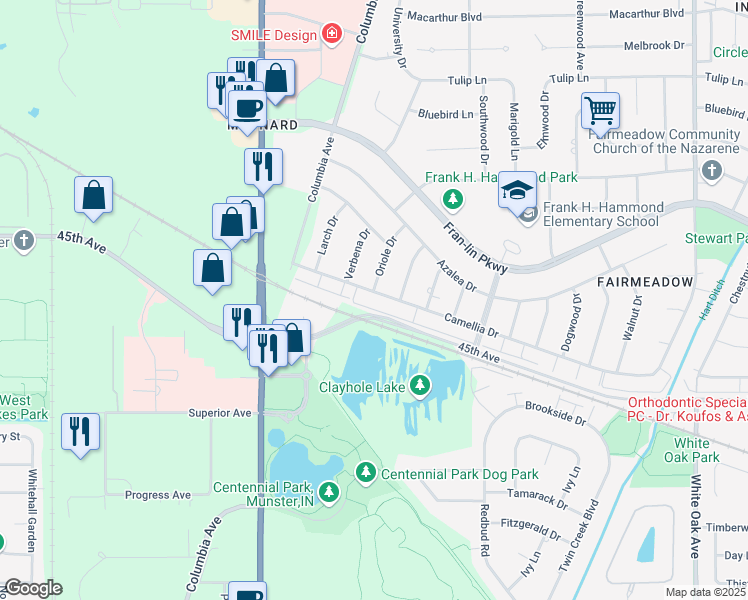 map of restaurants, bars, coffee shops, grocery stores, and more near 1028 Camellia Drive in Munster