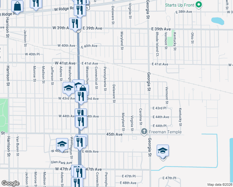 map of restaurants, bars, coffee shops, grocery stores, and more near 4265 Delaware Street in Gary