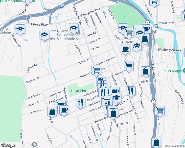 map of restaurants, bars, coffee shops, grocery stores, and more near 25 Highland Drive in Waterbury