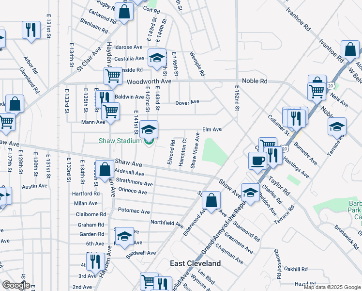 map of restaurants, bars, coffee shops, grocery stores, and more near 1334 Hampton Rd in East Cleveland