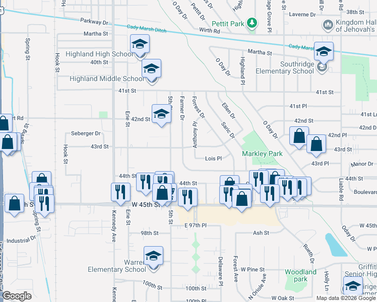 map of restaurants, bars, coffee shops, grocery stores, and more near 9505 Anthony Place in Highland
