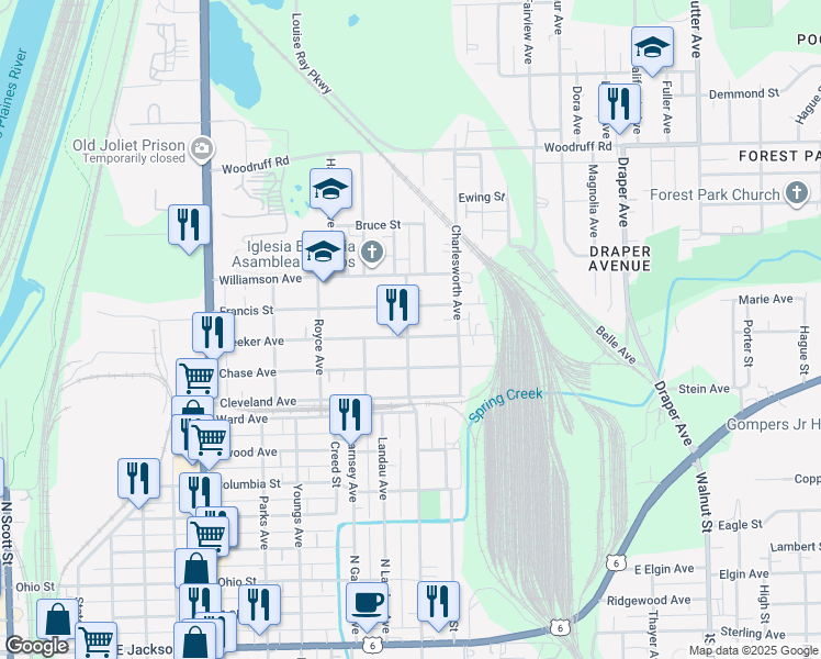 map of restaurants, bars, coffee shops, grocery stores, and more near 701 Meeker Avenue in Joliet