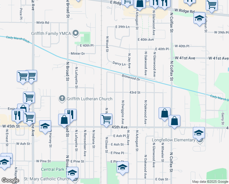 map of restaurants, bars, coffee shops, grocery stores, and more near 598 East 43rd Street in Griffith