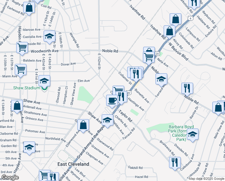 map of restaurants, bars, coffee shops, grocery stores, and more near 1733 Coit Avenue in East Cleveland