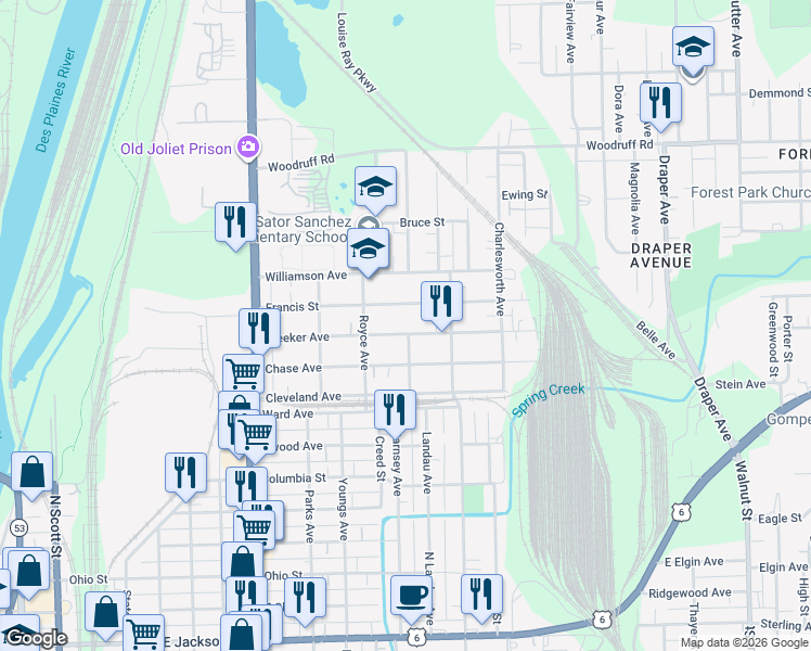 map of restaurants, bars, coffee shops, grocery stores, and more near 631 Meeker Avenue in Joliet