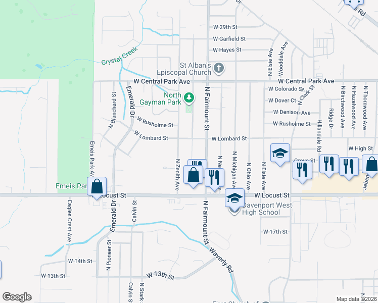 map of restaurants, bars, coffee shops, grocery stores, and more near 2118 North Gayman Avenue in Davenport