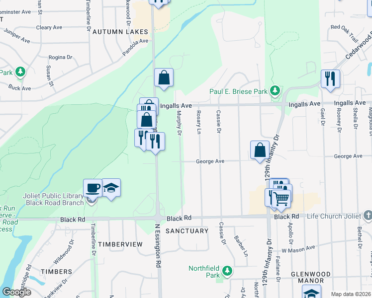 map of restaurants, bars, coffee shops, grocery stores, and more near 1008 Murphy Drive in Joliet
