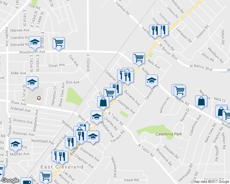 map of restaurants, bars, coffee shops, grocery stores, and more near 15725 Euclid Avenue in East Cleveland