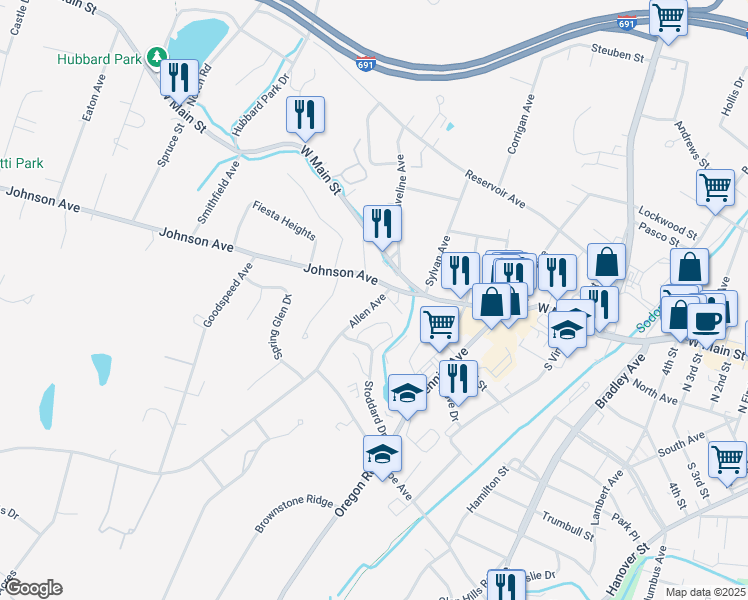 map of restaurants, bars, coffee shops, grocery stores, and more near 2 Allen Court in Meriden