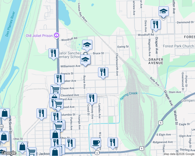 map of restaurants, bars, coffee shops, grocery stores, and more near 631 Meeker Avenue in Joliet