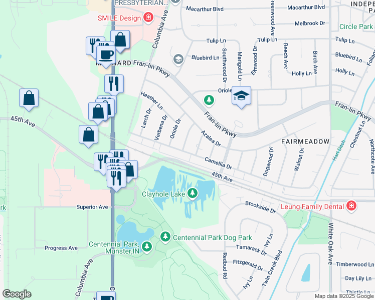 map of restaurants, bars, coffee shops, grocery stores, and more near 9513 Cottonwood Drive in Munster