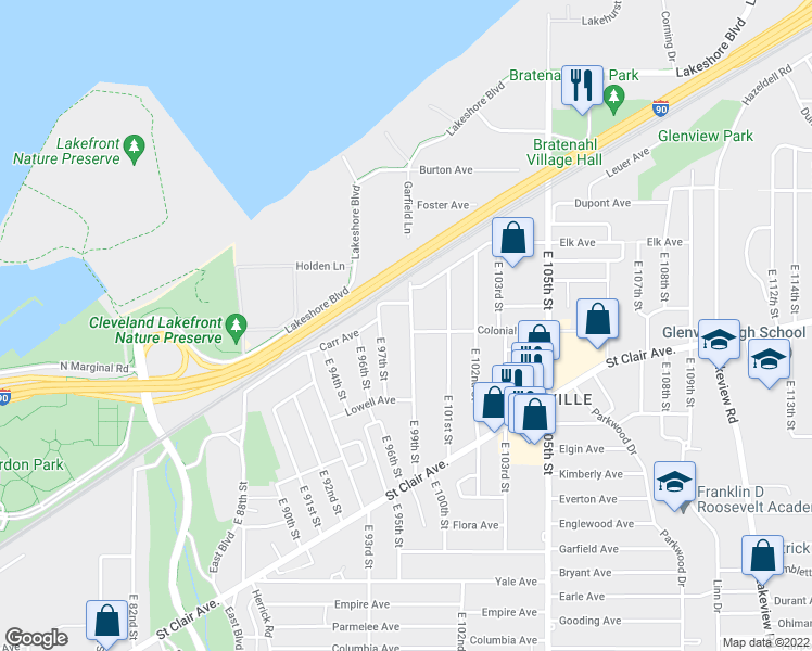 map of restaurants, bars, coffee shops, grocery stores, and more near 594 East 99th Street in Cleveland