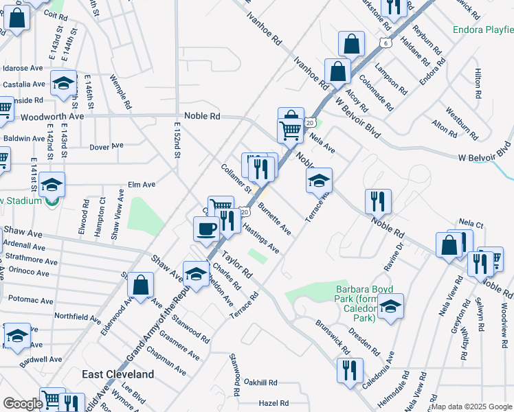 map of restaurants, bars, coffee shops, grocery stores, and more near 15776 Euclid Avenue in East Cleveland