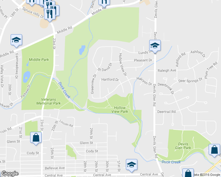 map of restaurants, bars, coffee shops, grocery stores, and more near 2915 Sun Valley Court in Bettendorf