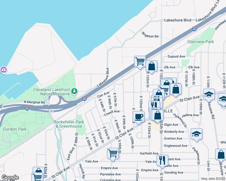 map of restaurants, bars, coffee shops, grocery stores, and more near 598 East 97th Street in Cleveland