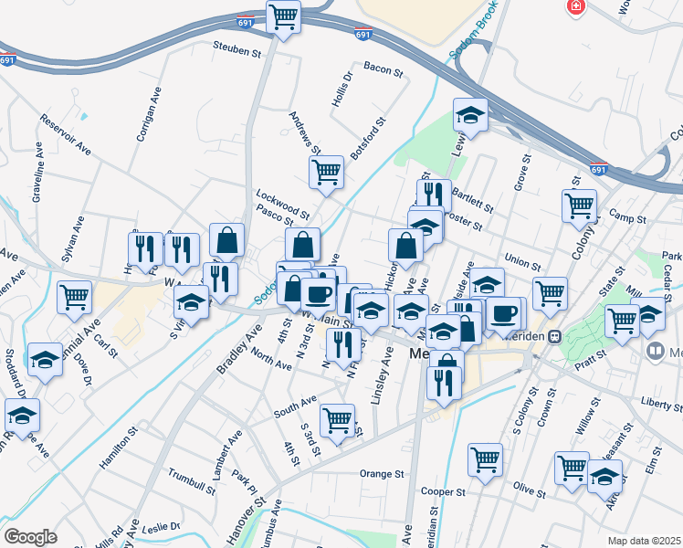 map of restaurants, bars, coffee shops, grocery stores, and more near 57 Windsor Avenue in Meriden