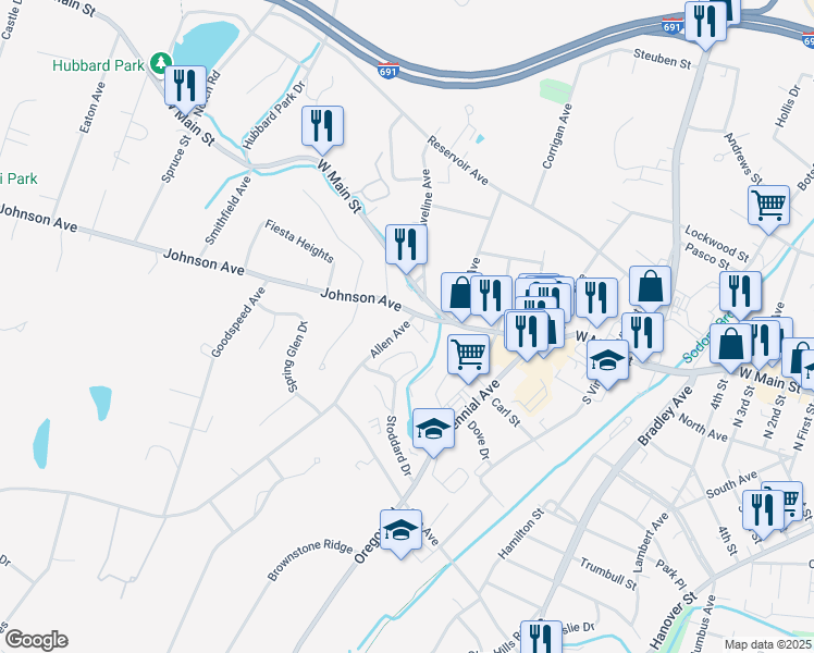 map of restaurants, bars, coffee shops, grocery stores, and more near 2 Allen Court in Meriden