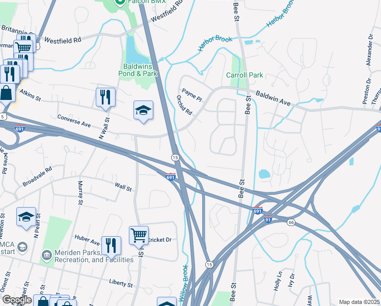 map of restaurants, bars, coffee shops, grocery stores, and more near 59 Bret Drive in Meriden