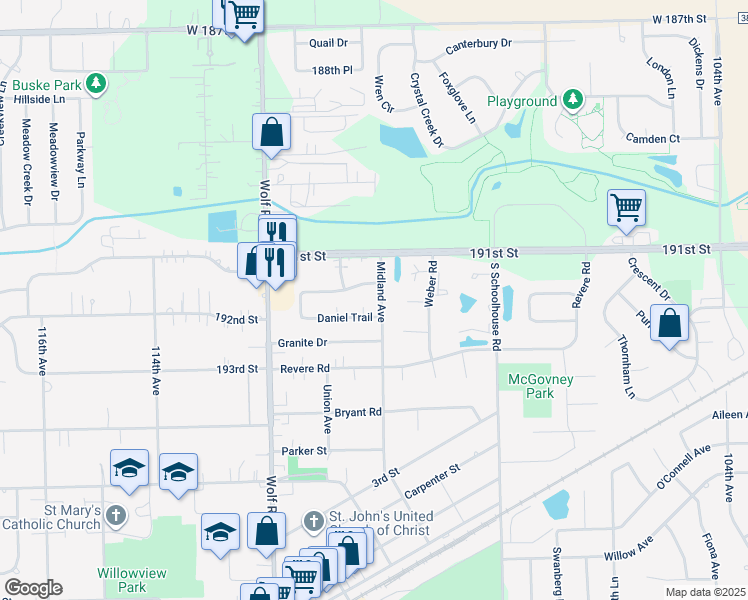map of restaurants, bars, coffee shops, grocery stores, and more near 19144 Midland Avenue in Mokena