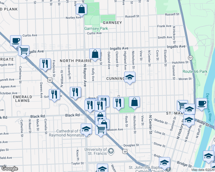 map of restaurants, bars, coffee shops, grocery stores, and more near 919 Oakland Avenue in Joliet