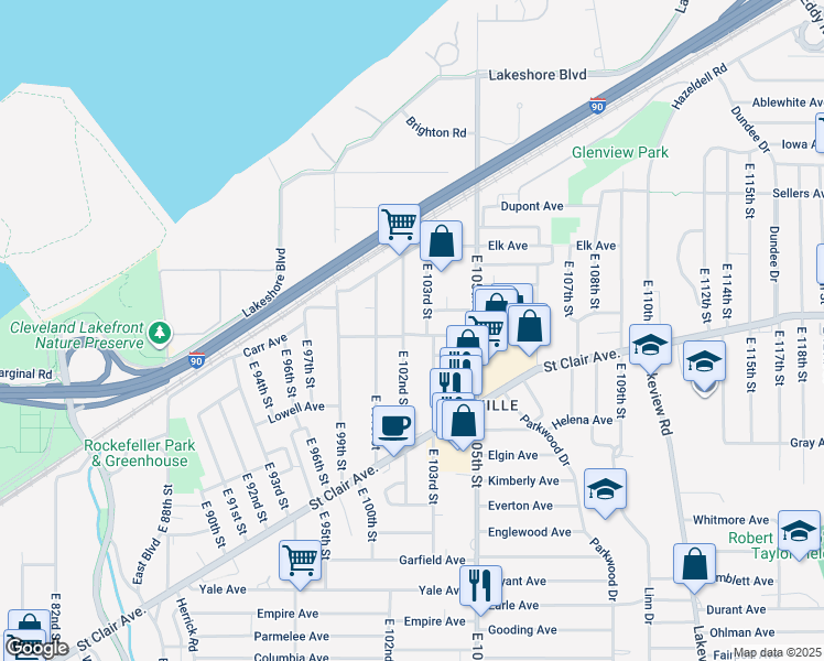 map of restaurants, bars, coffee shops, grocery stores, and more near 597 E 102nd St in Cleveland