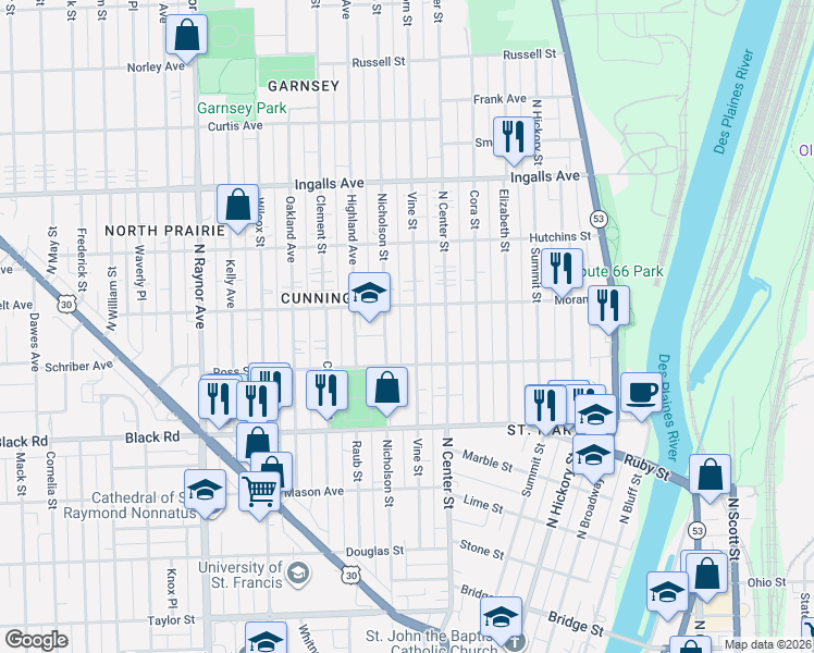 map of restaurants, bars, coffee shops, grocery stores, and more near 915 Vine Street in Joliet