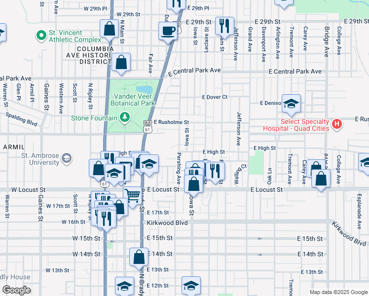 map of restaurants, bars, coffee shops, grocery stores, and more near 2111 Iowa Street in Davenport