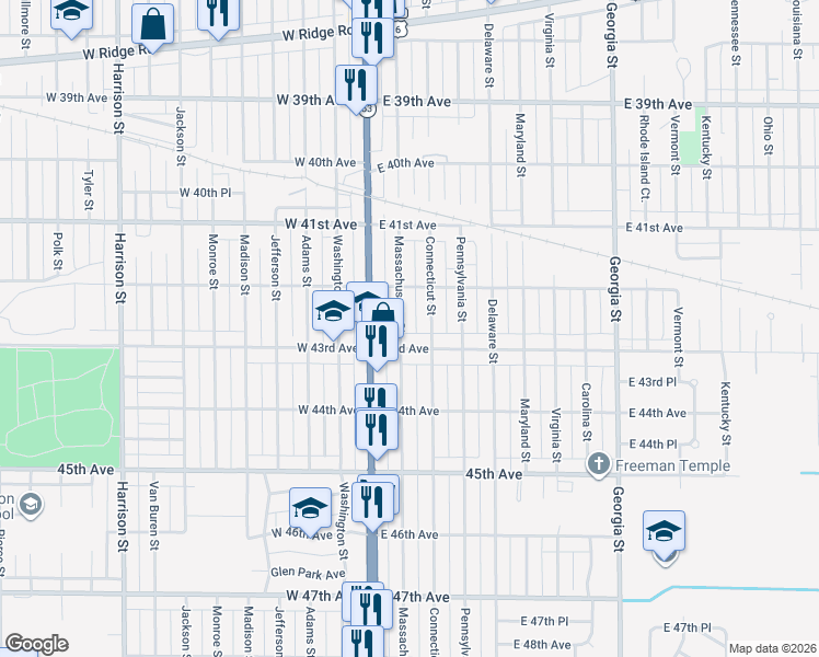 map of restaurants, bars, coffee shops, grocery stores, and more near 4253 Massachusetts Street in Gary
