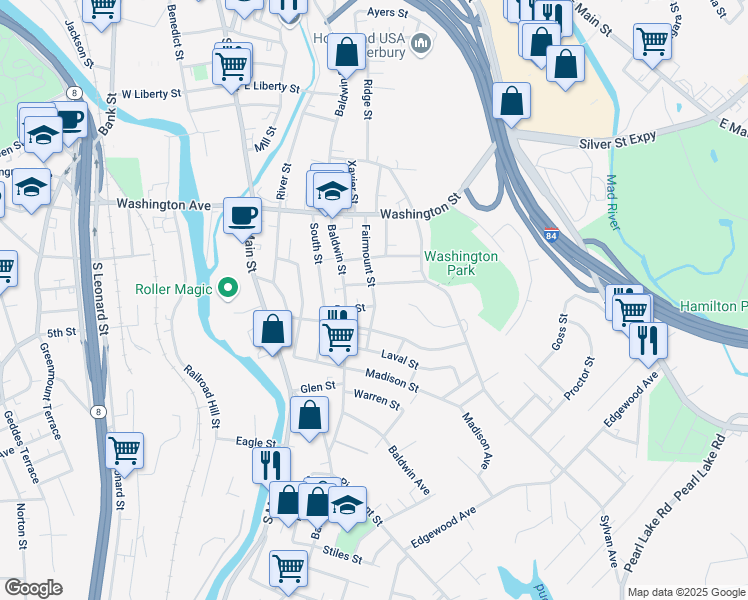 map of restaurants, bars, coffee shops, grocery stores, and more near 103 Fairmount St in Waterbury