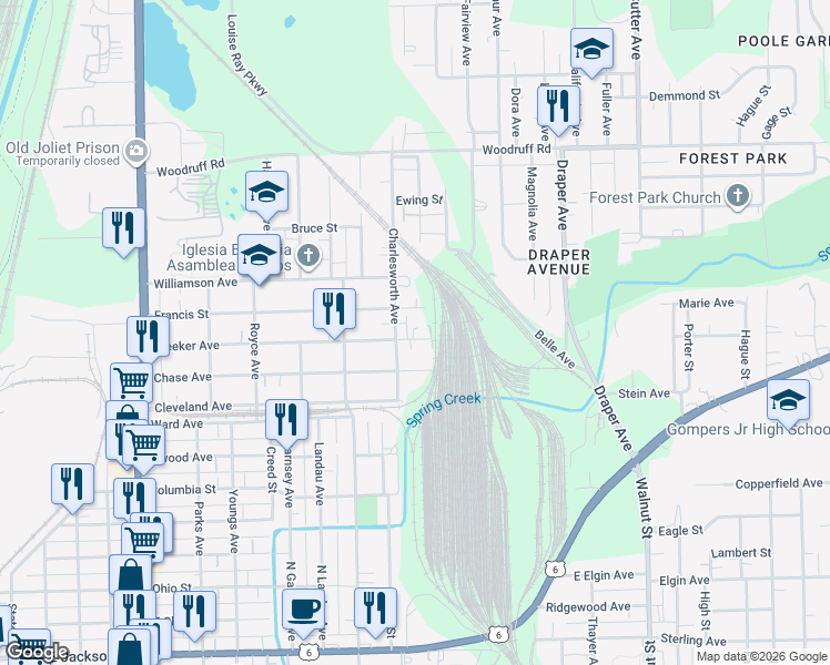 map of restaurants, bars, coffee shops, grocery stores, and more near 809 Meeker Avenue in Joliet
