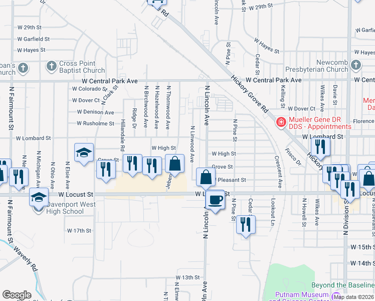 map of restaurants, bars, coffee shops, grocery stores, and more near 2108 N Linwood Ave in Davenport