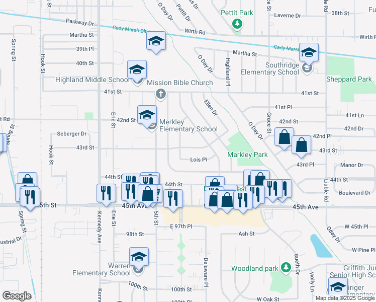 map of restaurants, bars, coffee shops, grocery stores, and more near 3106 43rd Street in Highland