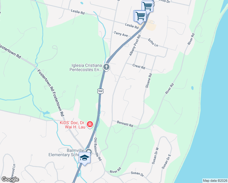 map of restaurants, bars, coffee shops, grocery stores, and more near Albany Post Road in Orange County