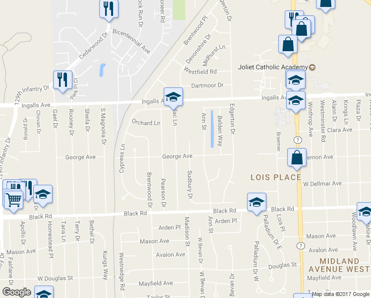 map of restaurants, bars, coffee shops, grocery stores, and more near 1003 Sudbury Drive in Joliet