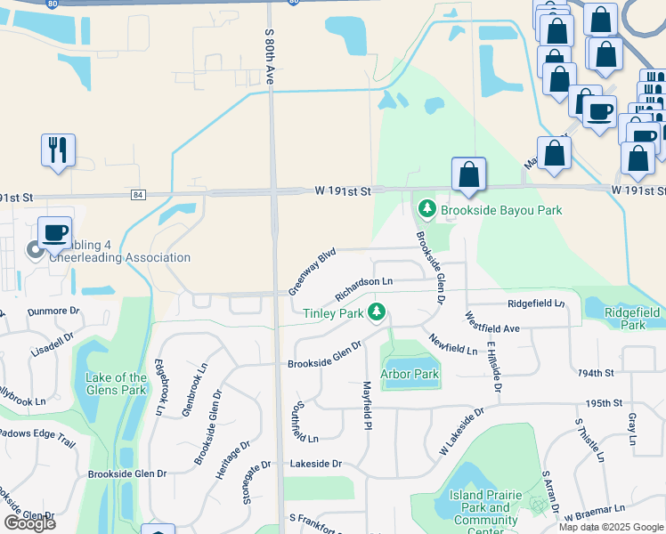 map of restaurants, bars, coffee shops, grocery stores, and more near 7928 Trinity Circle in Tinley Park