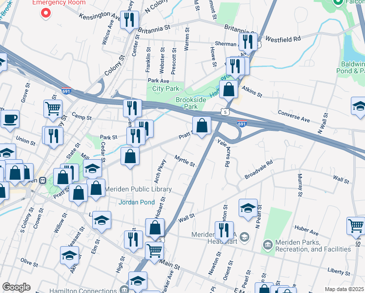 map of restaurants, bars, coffee shops, grocery stores, and more near 208 Hobart Street in Meriden