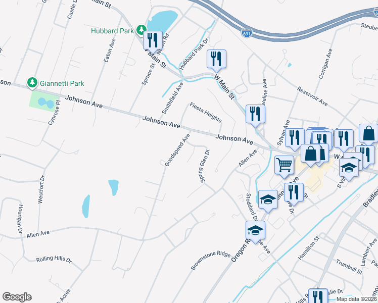 map of restaurants, bars, coffee shops, grocery stores, and more near 46 Goodspeed Avenue in Meriden