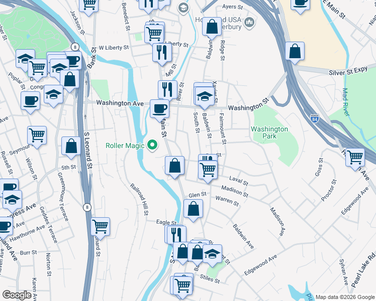 map of restaurants, bars, coffee shops, grocery stores, and more near 71 Southview Street in Waterbury