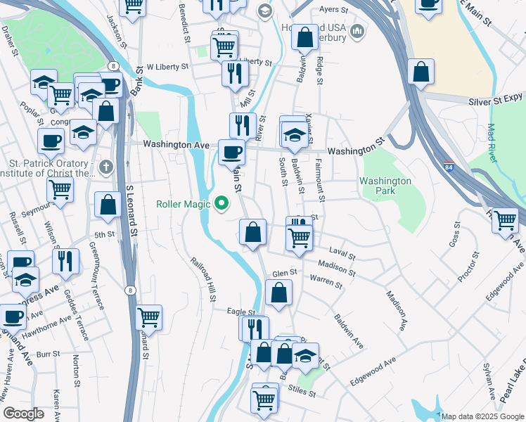 map of restaurants, bars, coffee shops, grocery stores, and more near 58 Lounsbury Street in Waterbury