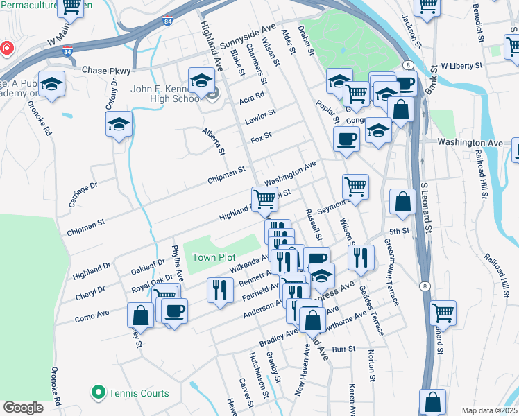 map of restaurants, bars, coffee shops, grocery stores, and more near 612 Highland Avenue in Waterbury