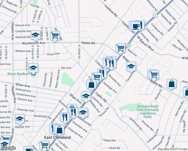 map of restaurants, bars, coffee shops, grocery stores, and more near 1733 Coit Avenue in East Cleveland