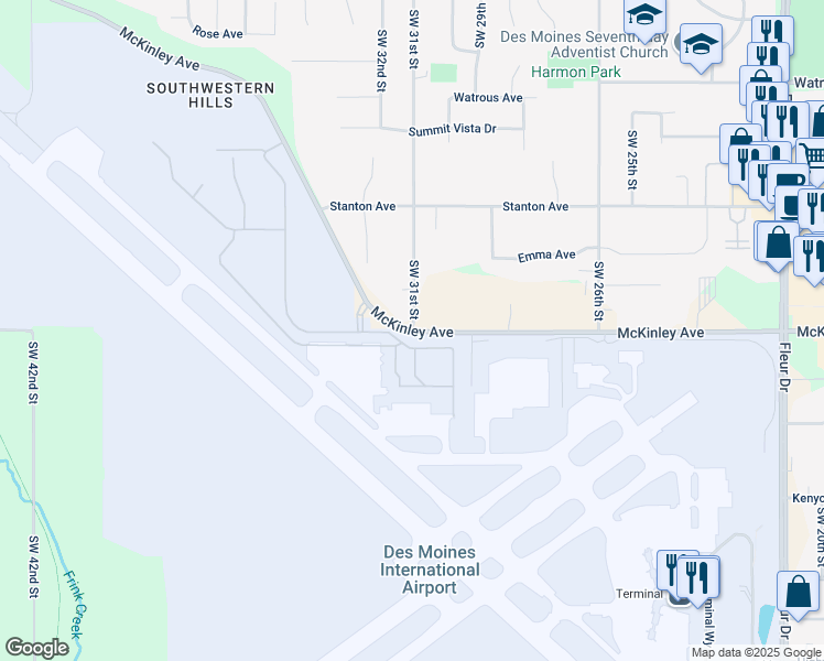 map of restaurants, bars, coffee shops, grocery stores, and more near 3100 McKinley Avenue in Des Moines