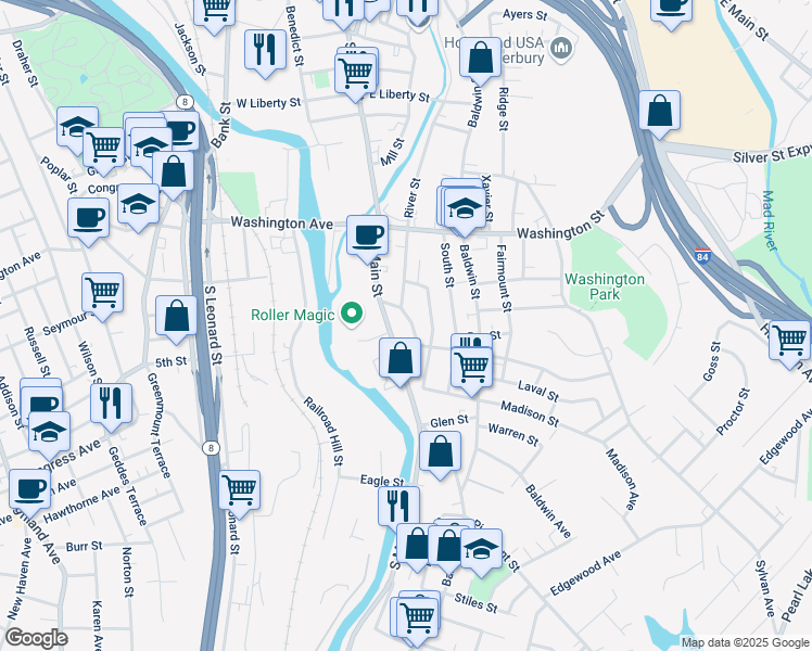 map of restaurants, bars, coffee shops, grocery stores, and more near 58 Lounsbury Street in Waterbury