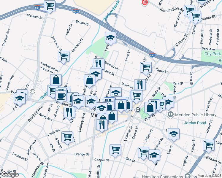 map of restaurants, bars, coffee shops, grocery stores, and more near 65 Hillside Avenue in Meriden