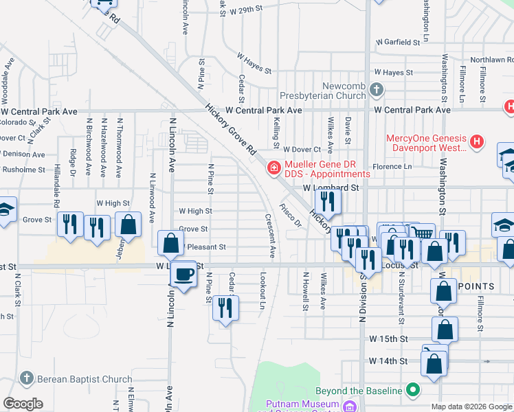 map of restaurants, bars, coffee shops, grocery stores, and more near 2110 West High Street in Davenport