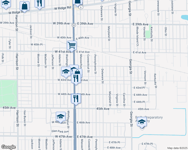 map of restaurants, bars, coffee shops, grocery stores, and more near 4260 Pennsylvania Street in Gary
